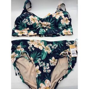 Kona Sol Women's Plus Shirred  Bikini top and bottom  20W/22W floral